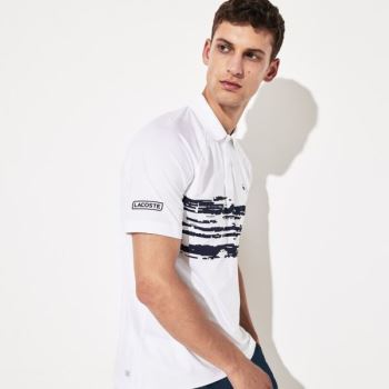 Lacoste SPORT Novak Djokovic Stretch Print Jersey Polo - Polo Pánské Bílé / Tmavě Blankyt Blankyt |